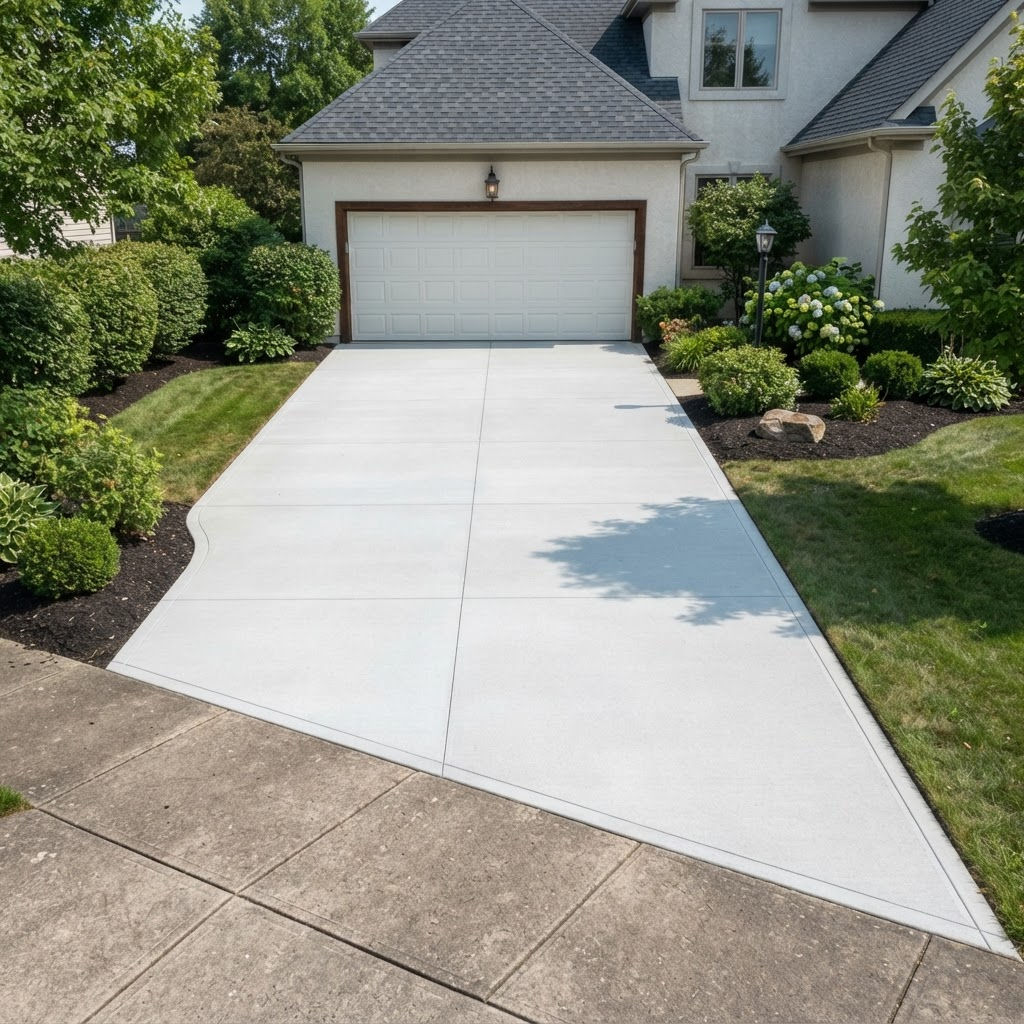 Concrete driveway cleaned to an even, bright finish
