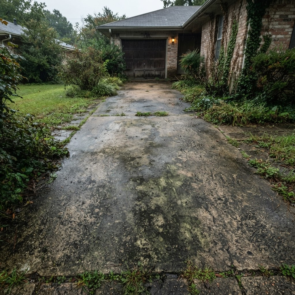 Concrete driveway before and after pressure washing
