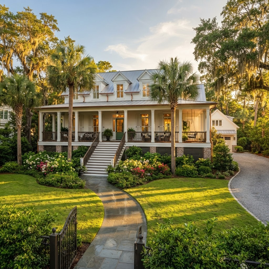 Clean Charleston home exterior surrounded by greenery