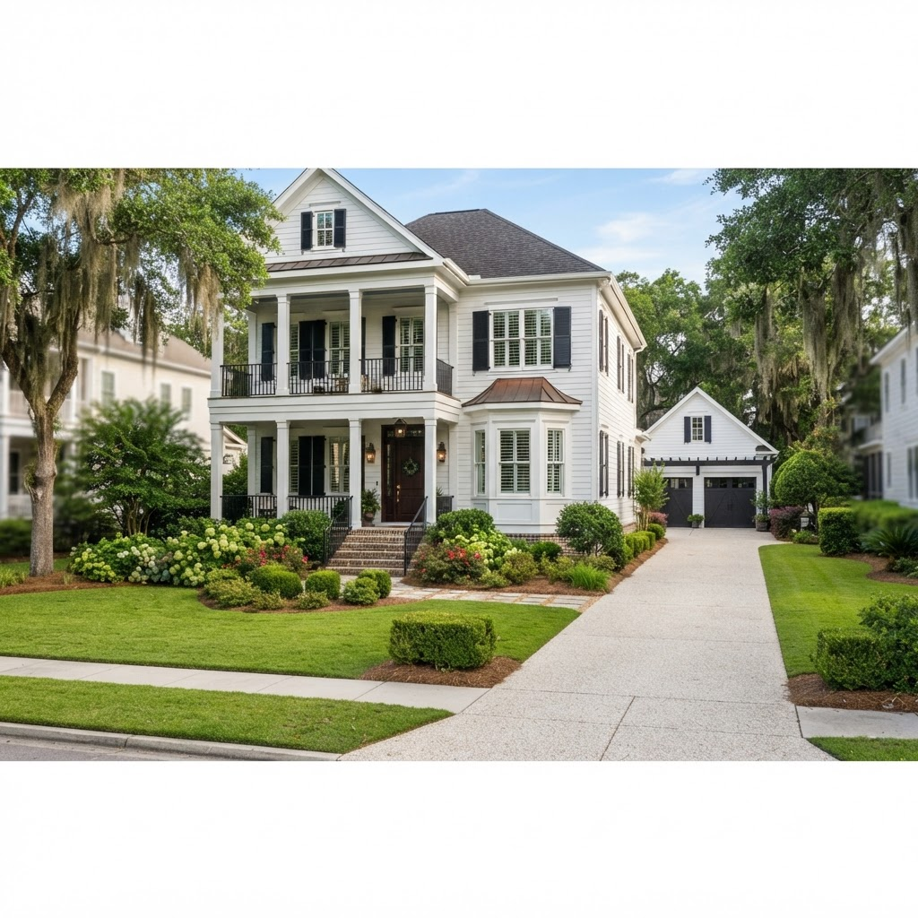 Classic Daniel Island home with white siding and manicured landscaping