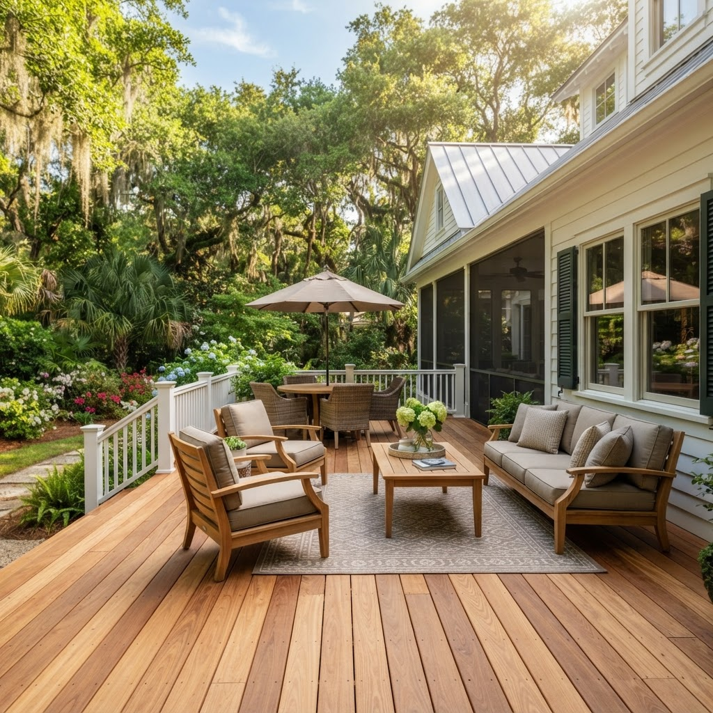 Clean wooden deck with outdoor furniture on a Lowcountry home
