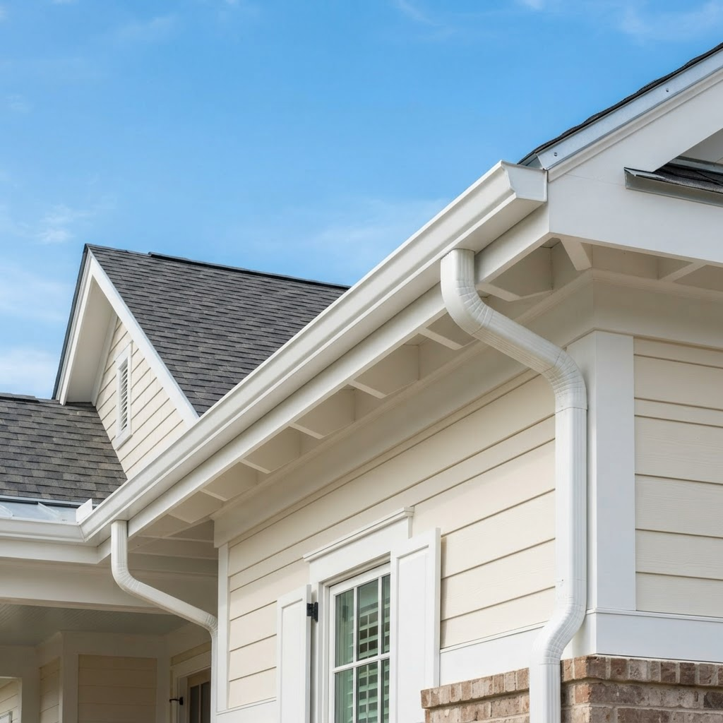 Clean white gutters along the roofline of a Lowcountry home