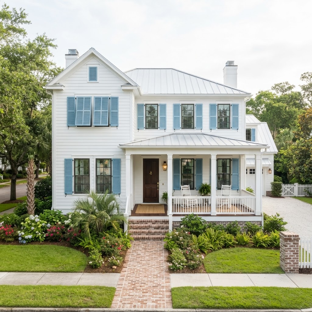 Freshly soft-washed white Lowcountry home with a clean porch and blue shutters