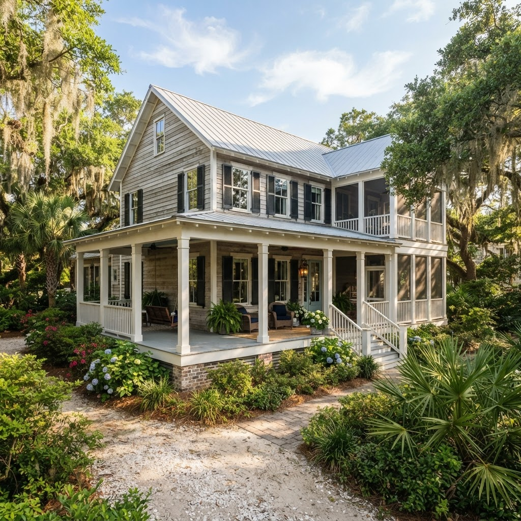 Classic Sullivan's Island home with a wide porch surrounded by greenery