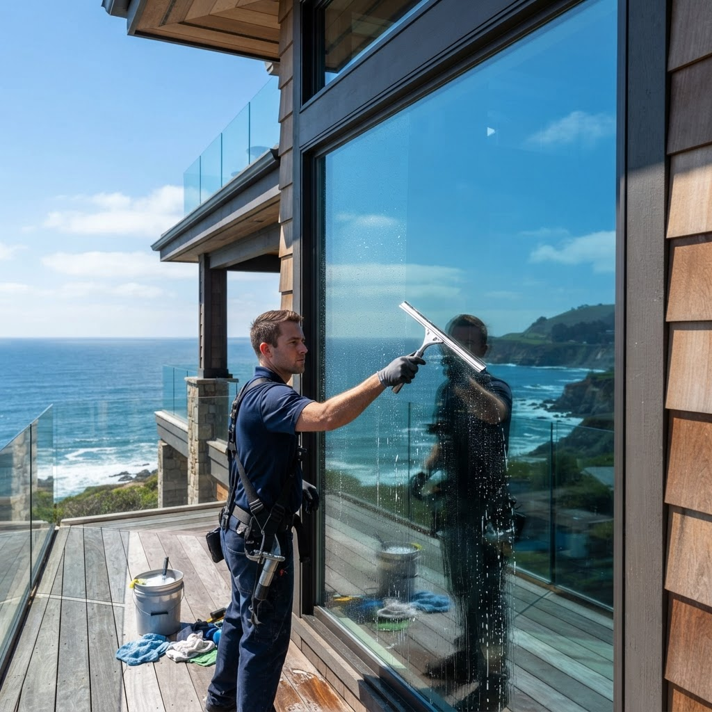 Professional cleaning a large coastal home window to a streak-free finish